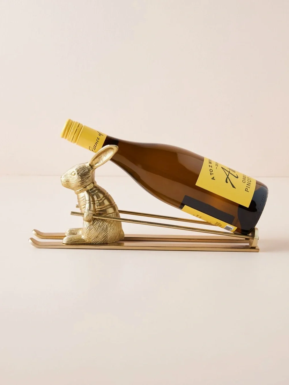 Anthropologie Skiing Hare Rabbit Wine Bottle Holder in Gold Brass